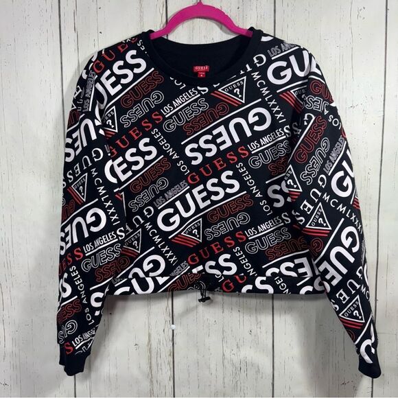 Guess Tops - Guess Logo Print Cropped Drawstring Sweatshirt Black White Red Y2K Streetwear M